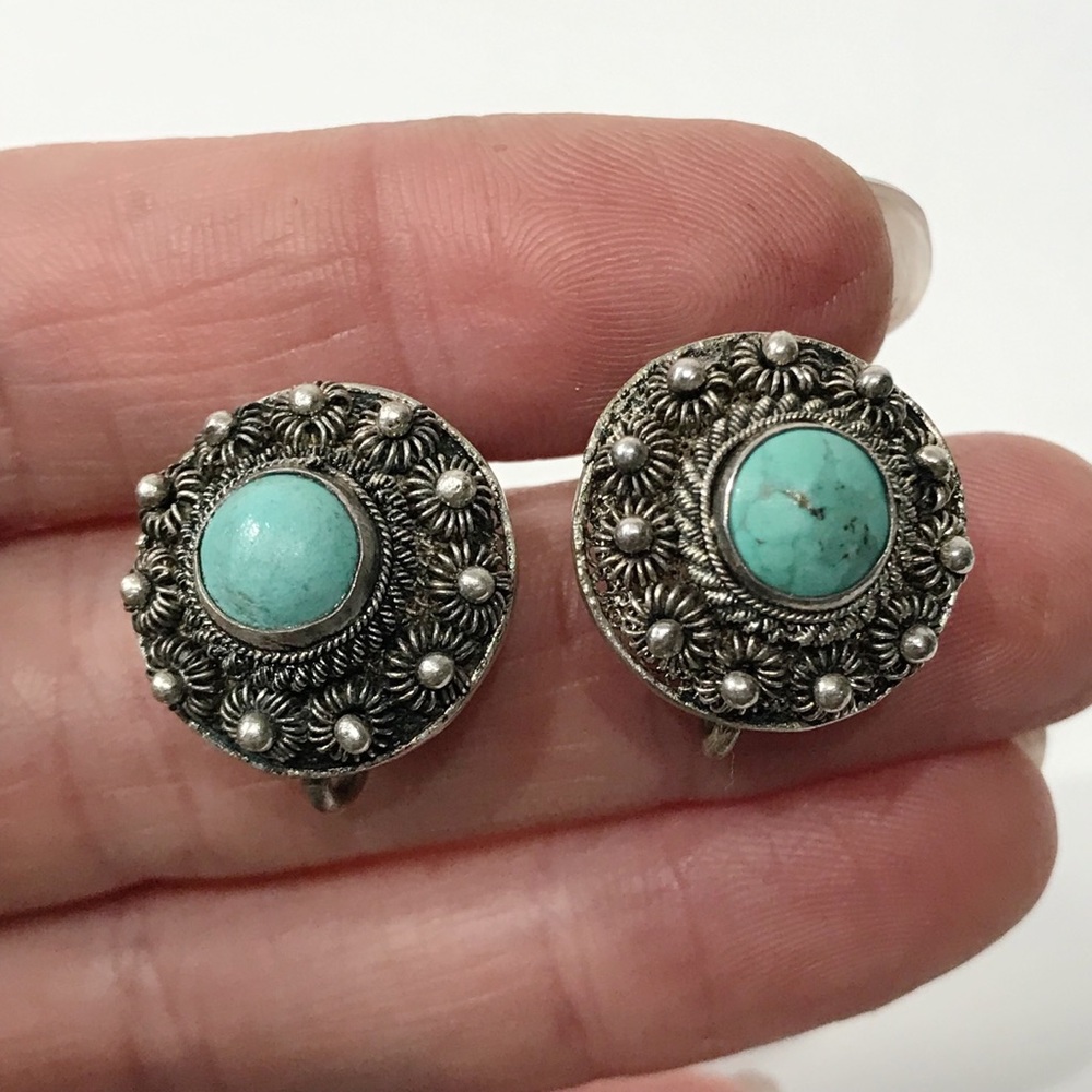 Antique Egyptian 800 Silver Cannetille Filigree Turquoise Screw Back Earrings